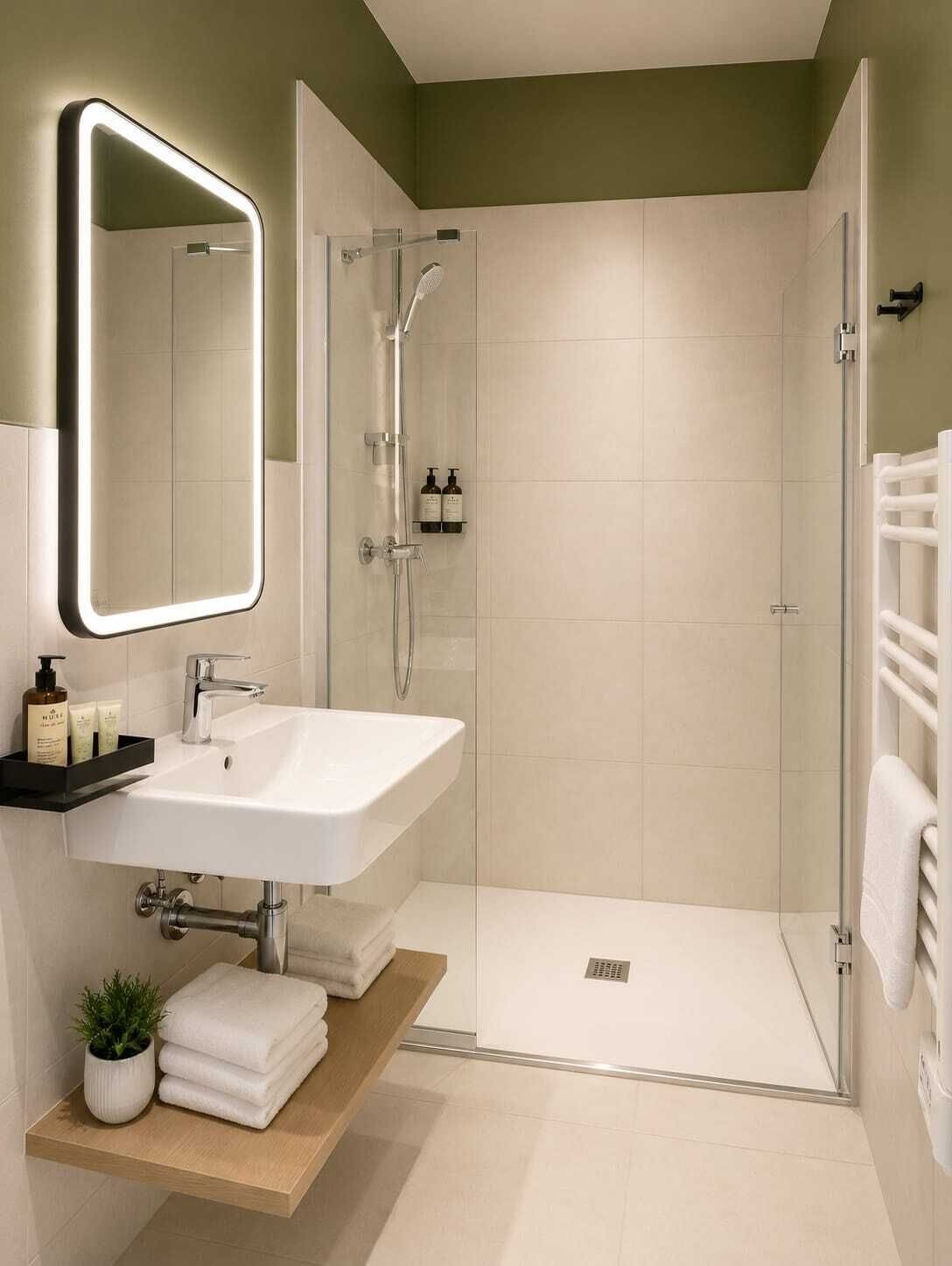 A modern bathroom with a white sink, a mirror, a shower, and a towel rack.