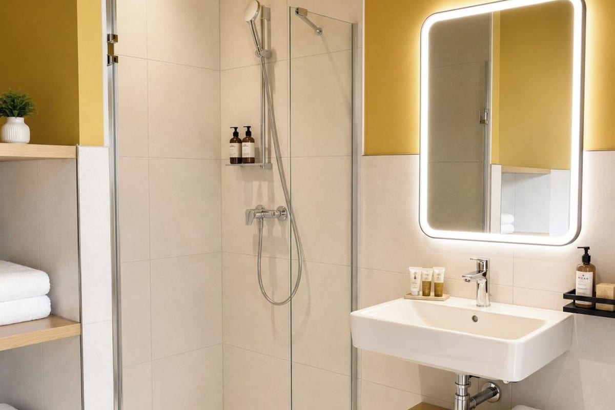 A modern bathroom with a glass-enclosed shower, a white sink with a mirror, and shelves with towels.