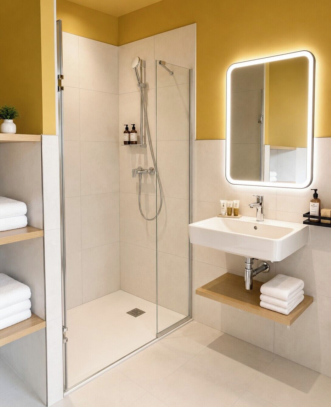 Un baño moderno con ducha de vidrio, un lavabo blanco con espejo y estantes con toallas.