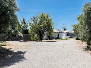 A house with a gravel driveway, a stone wall, and a large tree in front. - Olea White Studio 6, Tavira, Algarve (Querença)