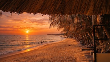 Private beach, white sand, sun-loungers, beach umbrellas