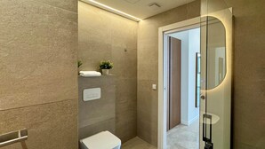 A modern bathroom with a glass shower enclosure, a toilet, and a small shelf with a plant.