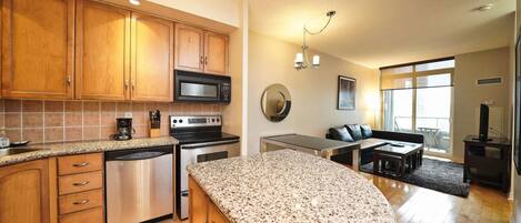 Fridge, microwave, oven, stovetop