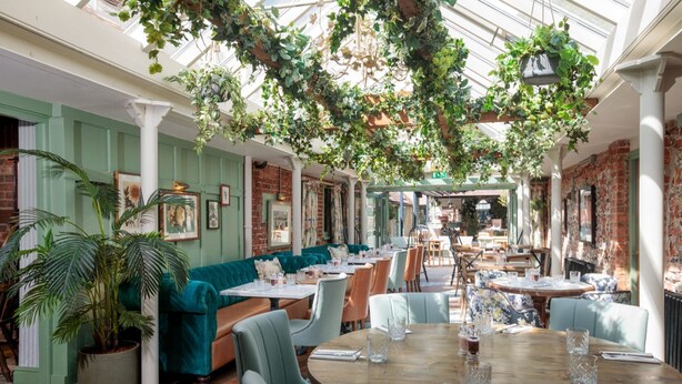 A restaurant with indoor seating, green walls, and hanging plants. - The Bull on Bell Street (Henley-on-Thames)