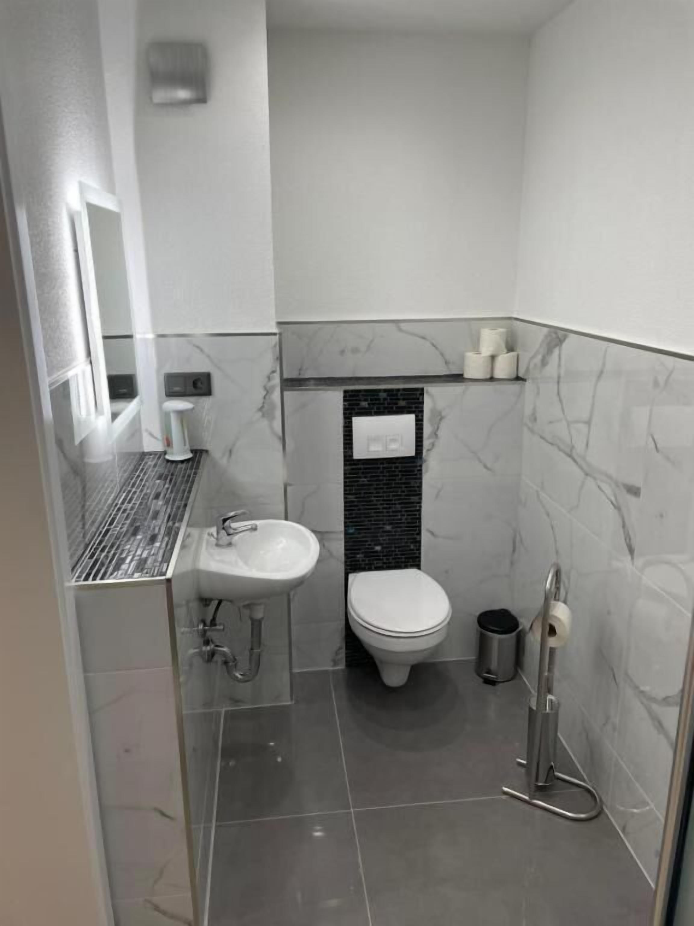 A modern bathroom with a white sink, a toilet, and a shower area.