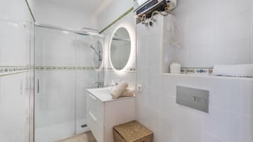 Shower, hair dryer, towels