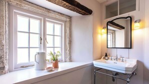 A bathroom with a white sink, a mirror, and a window with a plant on the windowsill.