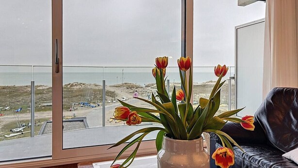A room with a large window, a vase with flowers, and a leather sofa. - Flat Neptunus - Amazing seaview in De Panne (De Panne)