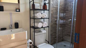 Hair dryer, towels, soap, toilet paper