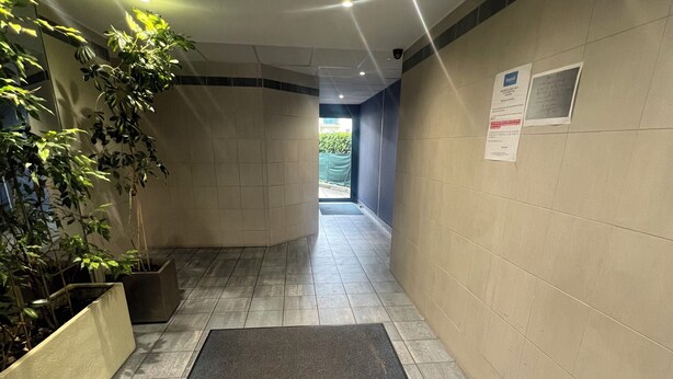 A hallway with tiled flooring, a dark mat at the entrance, and potted plants on the left. - Charming T2 near Zenith and Toison d'or, quick access to downtown! (Dijon)
