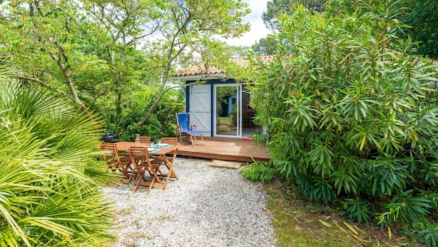 Ein überdachter Außenbereich mit Tisch und Stühlen, umgeben von üppiger Vegetation.