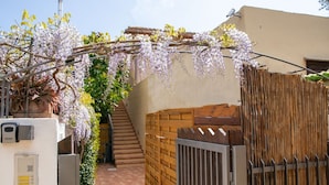 Ein Wohngebiet mit Holztor, Treppe und einem Klettergerüst, das mit Wisteria bewachsen ist.