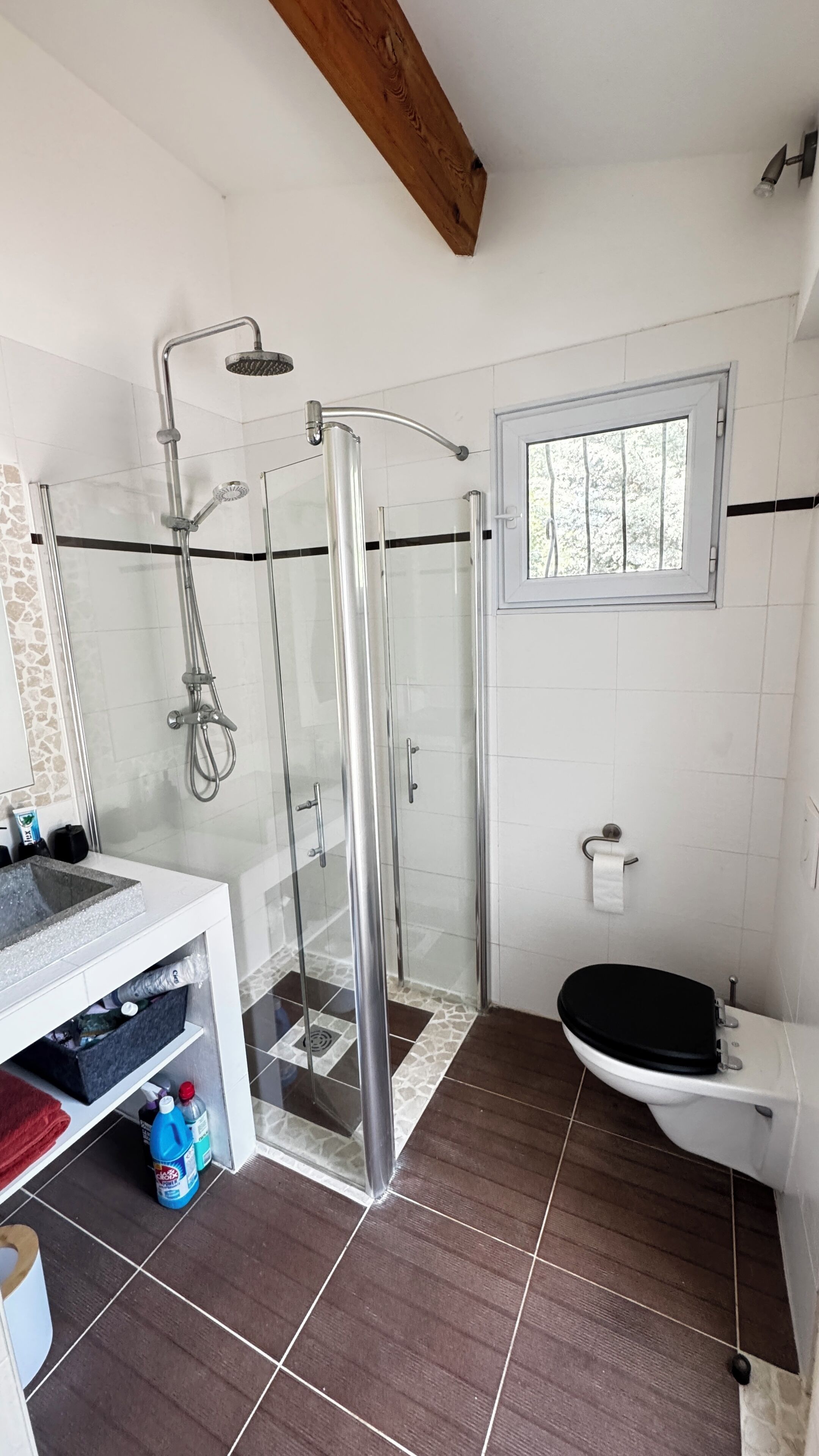 Une salle de bain moderne avec une douche à parois de verre, un lavabo blanc et des toilettes.