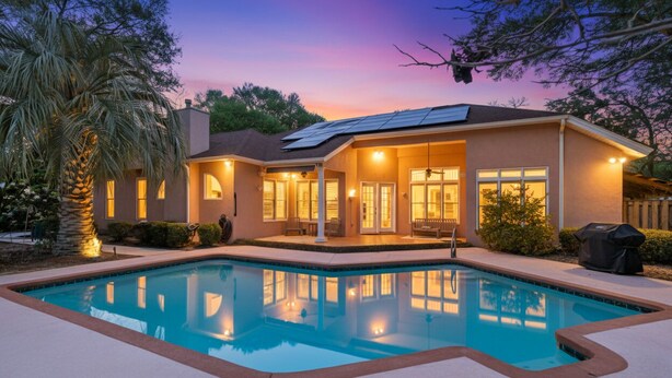 Una casa moderna con piscina, paneles solares y un patio bien iluminado.