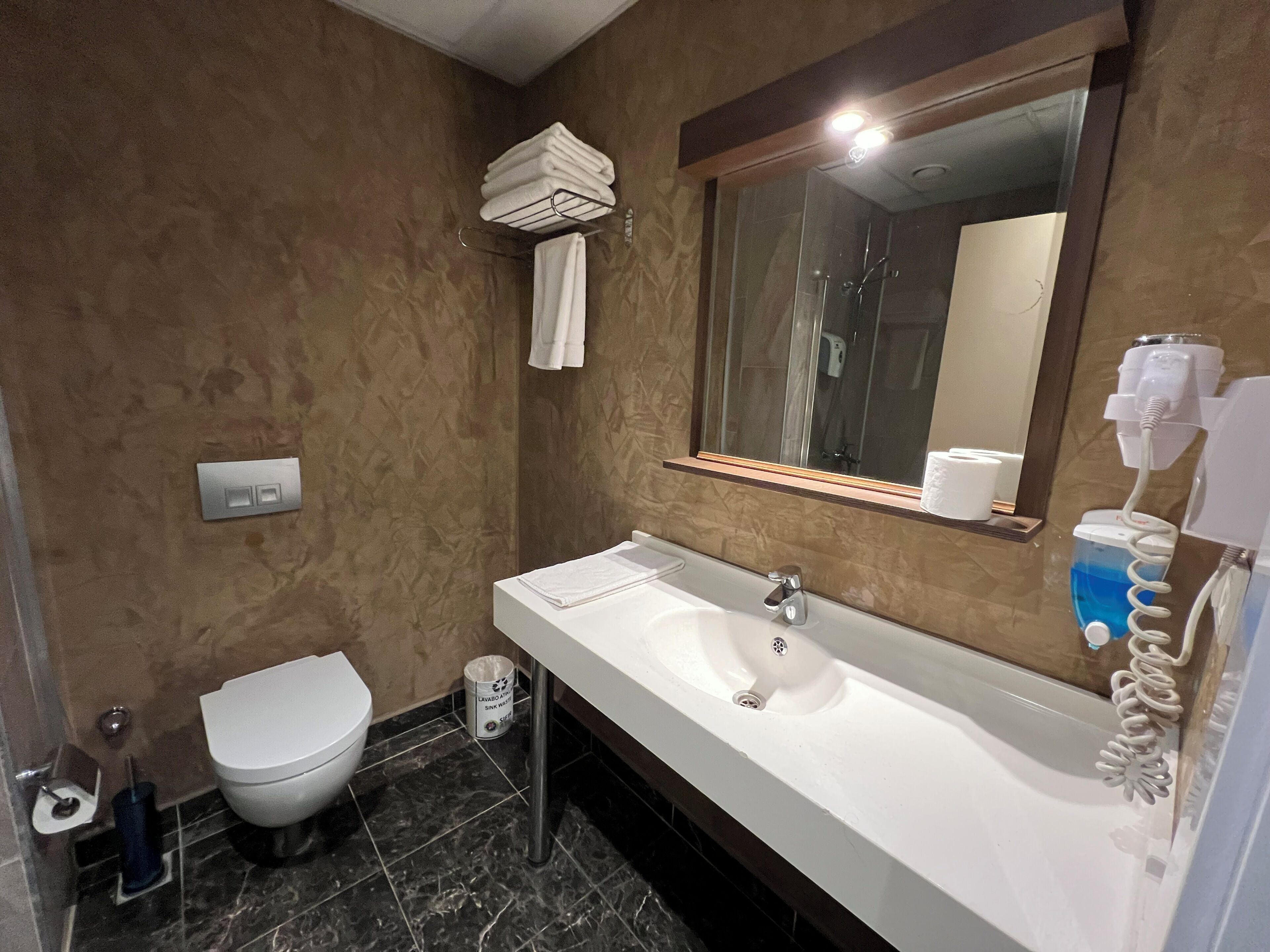 A bathroom with a white sink, a mirror above it, a toilet, and a towel rack.
