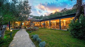 Ένα σύγχρονο κτίριο με γυάλινη πρόσοψη, ένα μονοπάτι από πέτρα και έναν περιποιημένο χλοοτάπητα.
