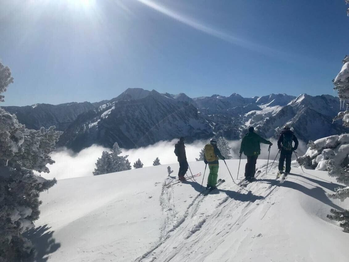 Un paysage de montagne enneigé avec des skieurs.