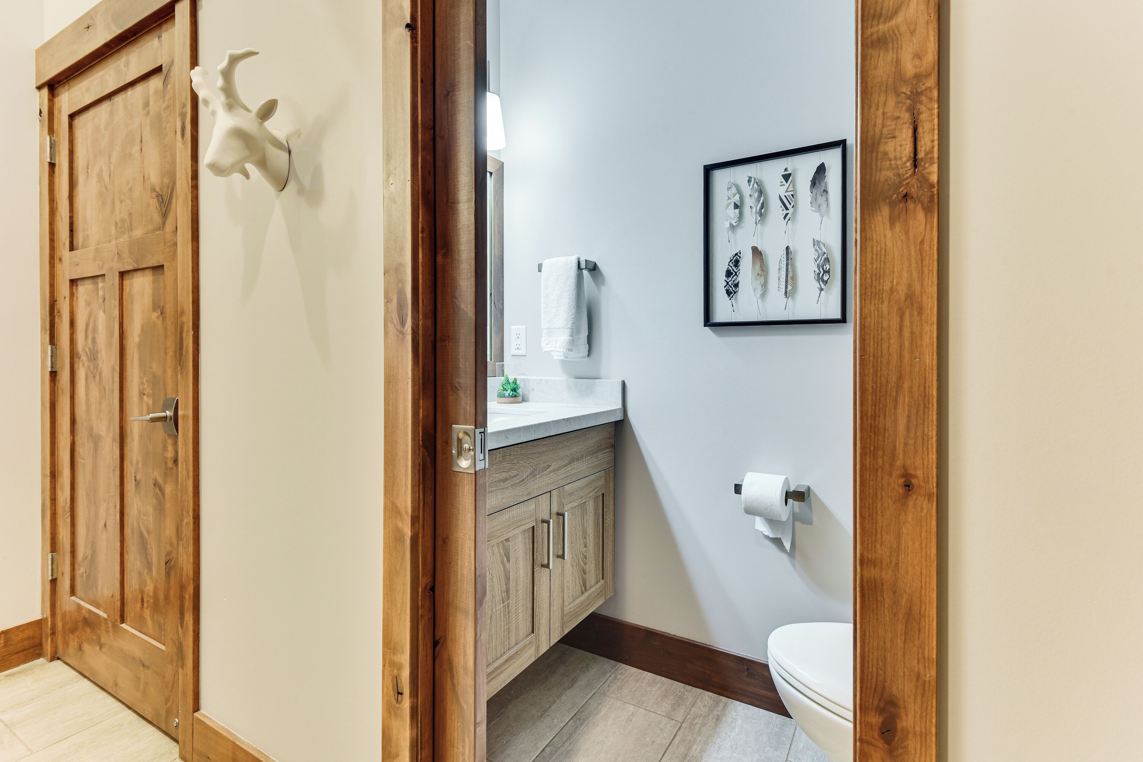 Ein Badezimmer mit Holztür, einem aufgehängten Hirschkopf, einem gerahmten Kunstwerk aus Federn und einem Toilettenpapierhalter.