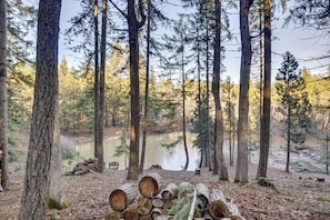 A forest with tall trees, a lake, and a stack of logs. - Fire Pit & Water Views! Woodsy Tygh Valley Retreat (Tygh Valley)