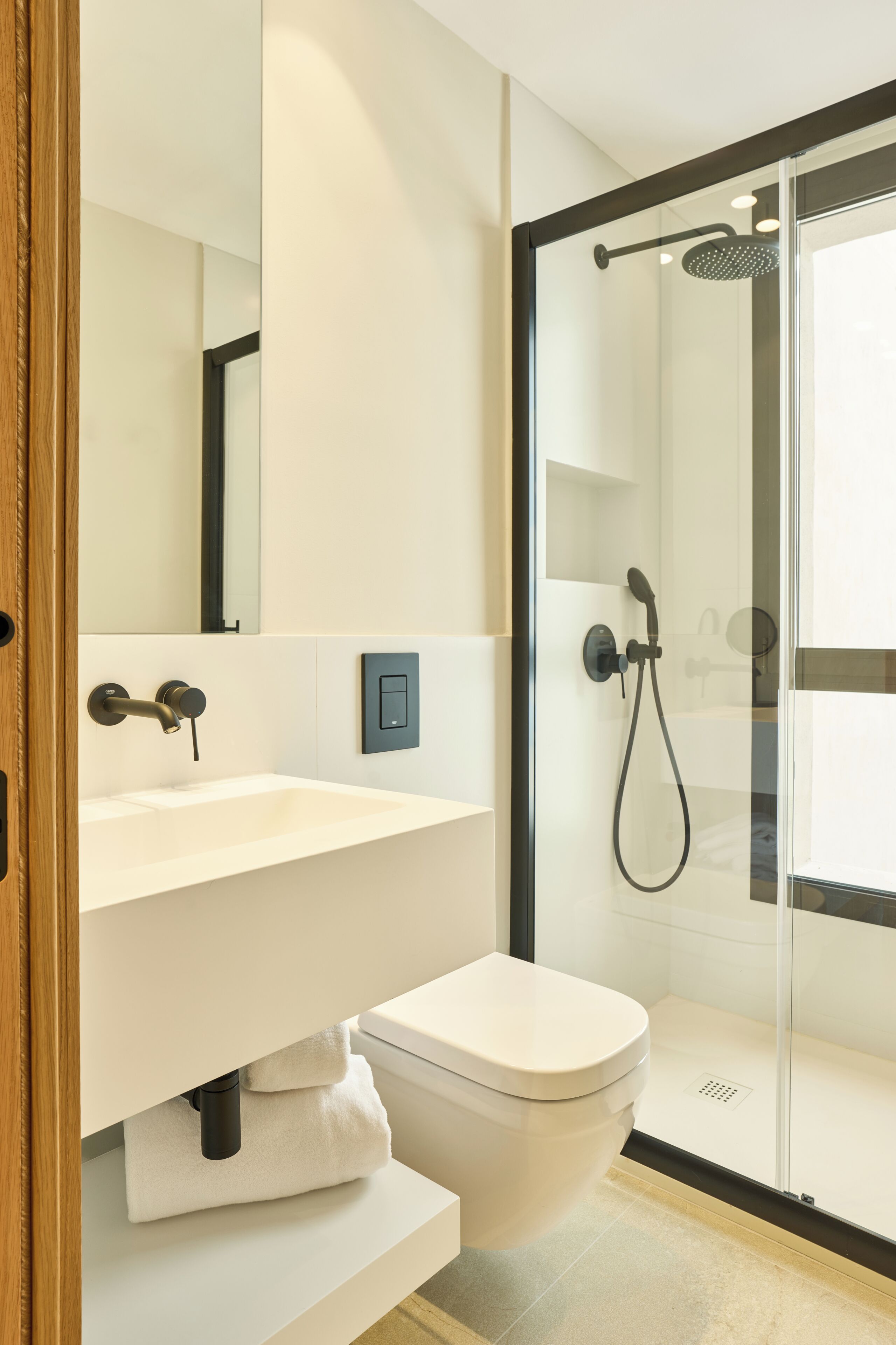 A modern bathroom with a glass shower enclosure, a white sink, and a toilet.