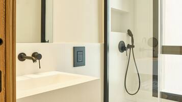 A modern bathroom with a glass shower enclosure, a white sink, and a toilet.