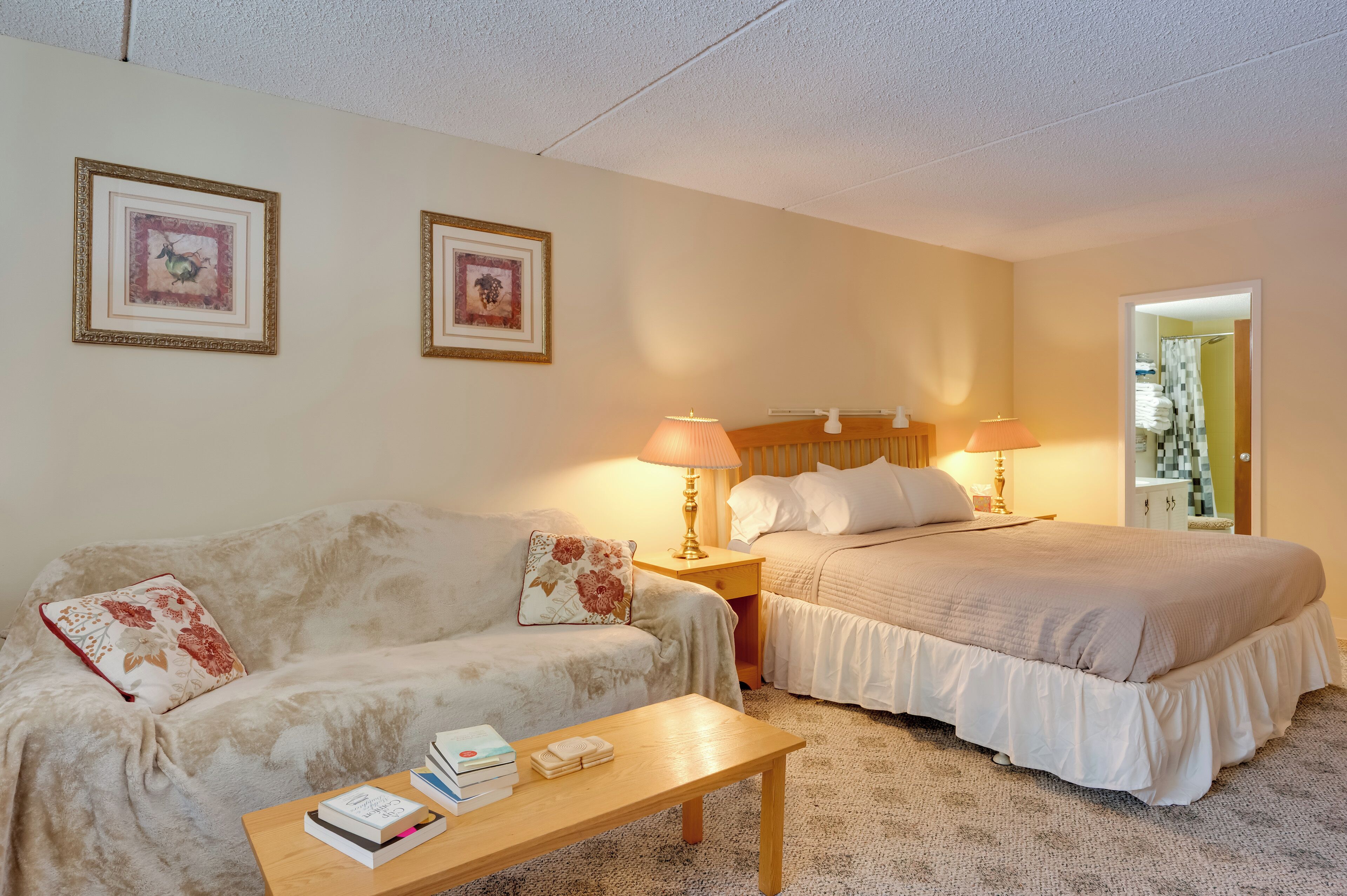 Une chambre à coucher avec un lit, un canapé, une table de chevet et une lampe.