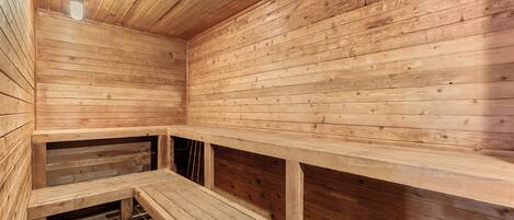 A wooden sauna with benches and a sloped ceiling.