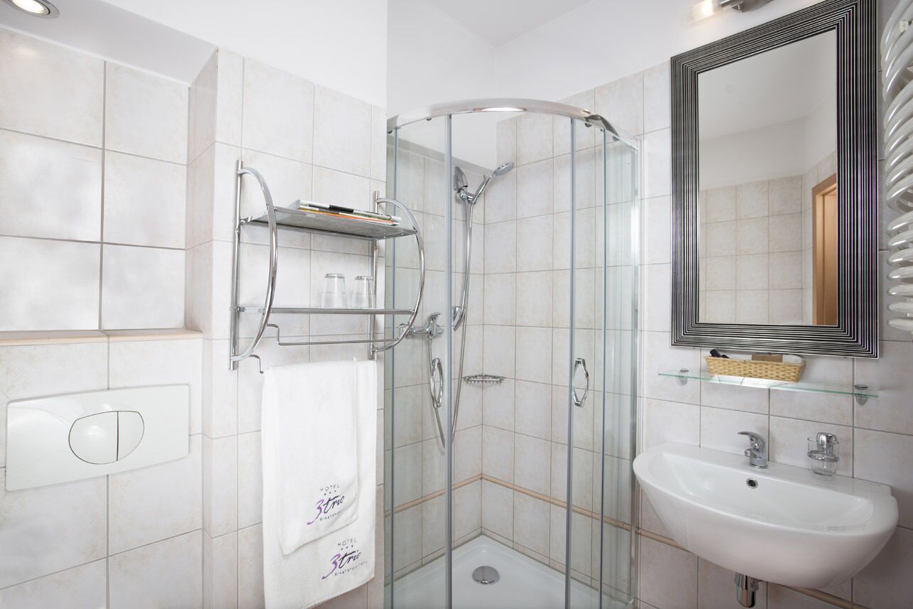 A modern bathroom with a glass-enclosed shower, a white sink, and a mirror with a decorative frame.