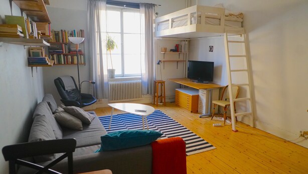 A cozy living room with a sofa, a dining table, a bunk bed, a TV, and a bookshelf. - Spacious apartment5 min from the center (Stockholms)