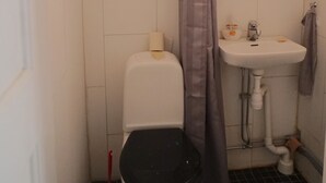 A bathroom with a toilet, sink, and shower curtain. - Spacious apartment5 min from the center (Stockholms)