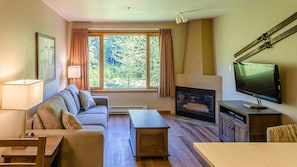 Una sala de estar acogedora con un sofá, una mesa de centro, una chimenea, un televisor y una ventana con cortinas.