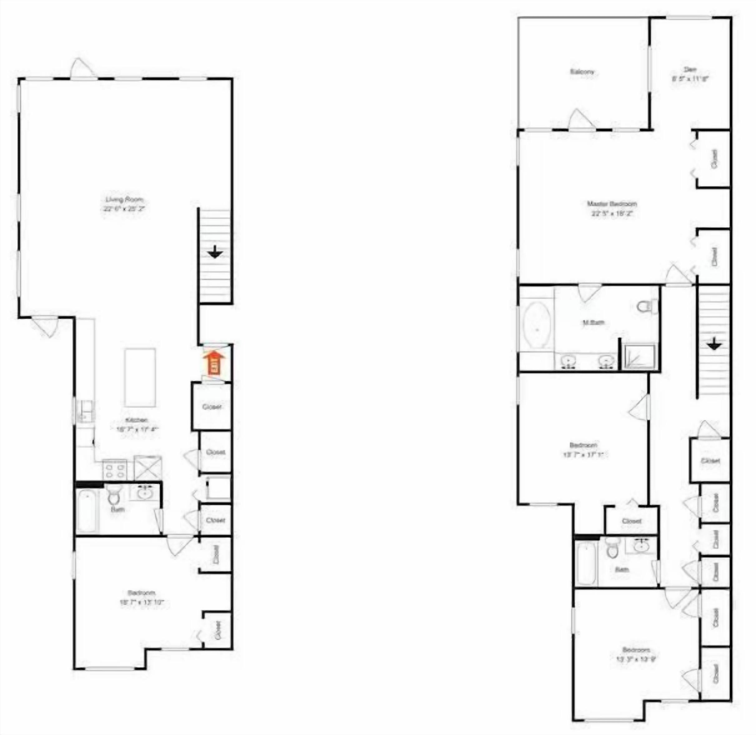 Un plan d’étage d’un hôtel comprenant un salon, une cuisine, deux chambres et une salle de bain.