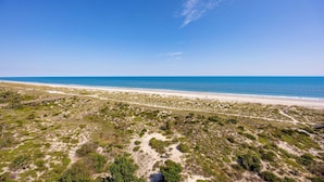 Un paysage côtier avec une plage, de la végétation et un ciel dégagé.