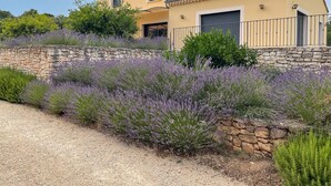 A two-story house with a stone wall and a gravel driveway. - Air-conditioned villa with private pool – Wheelchair accessible – Drôme Provençale (Saint-Restitut)