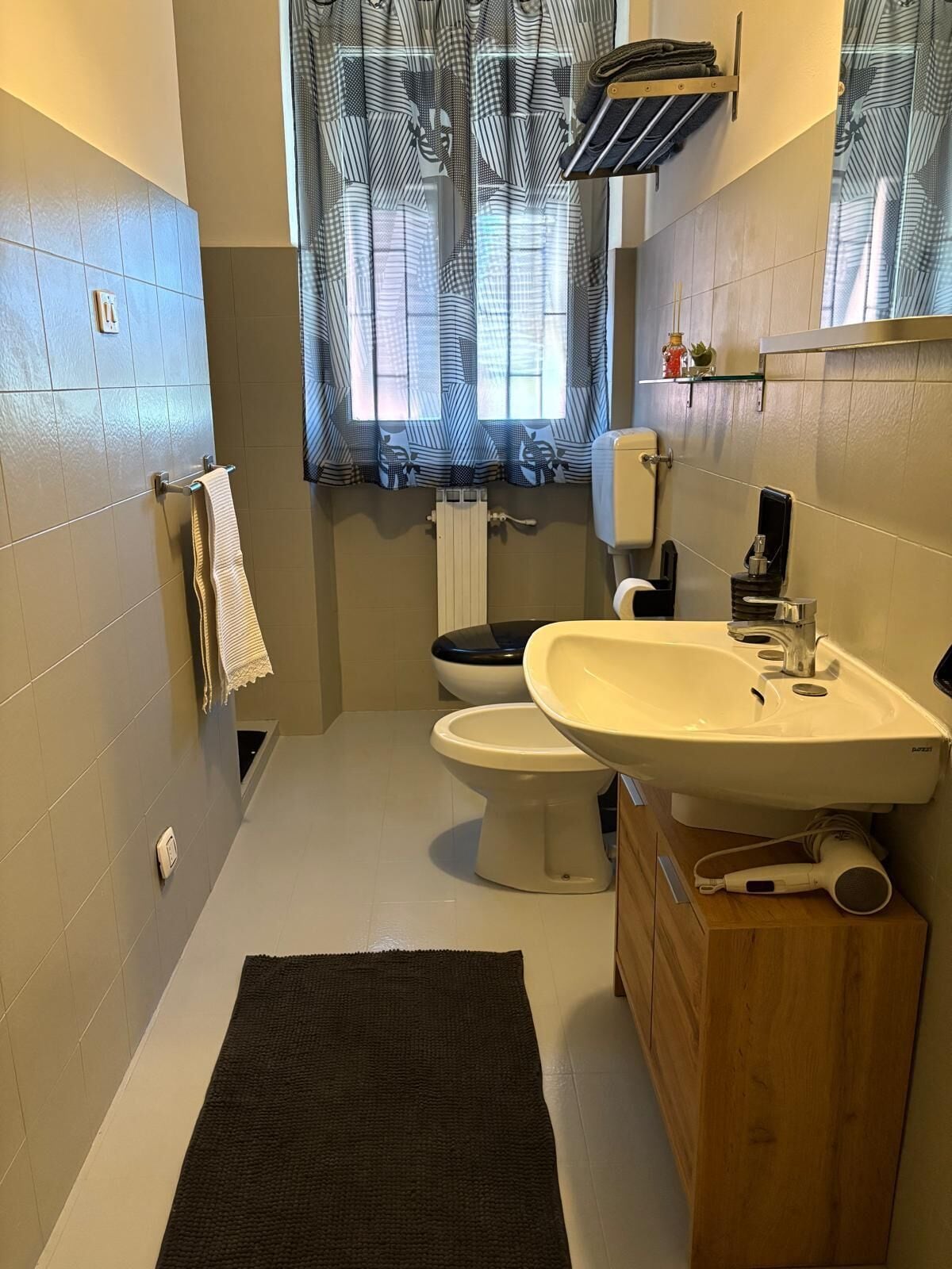 Hair dryer, bidet, towels, soap