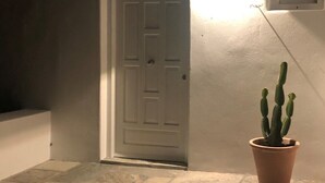 Ein Eingang mit Leuchte darüber, einem Topf mit Kaktee und einem kleinen Fenster an der Wand.
