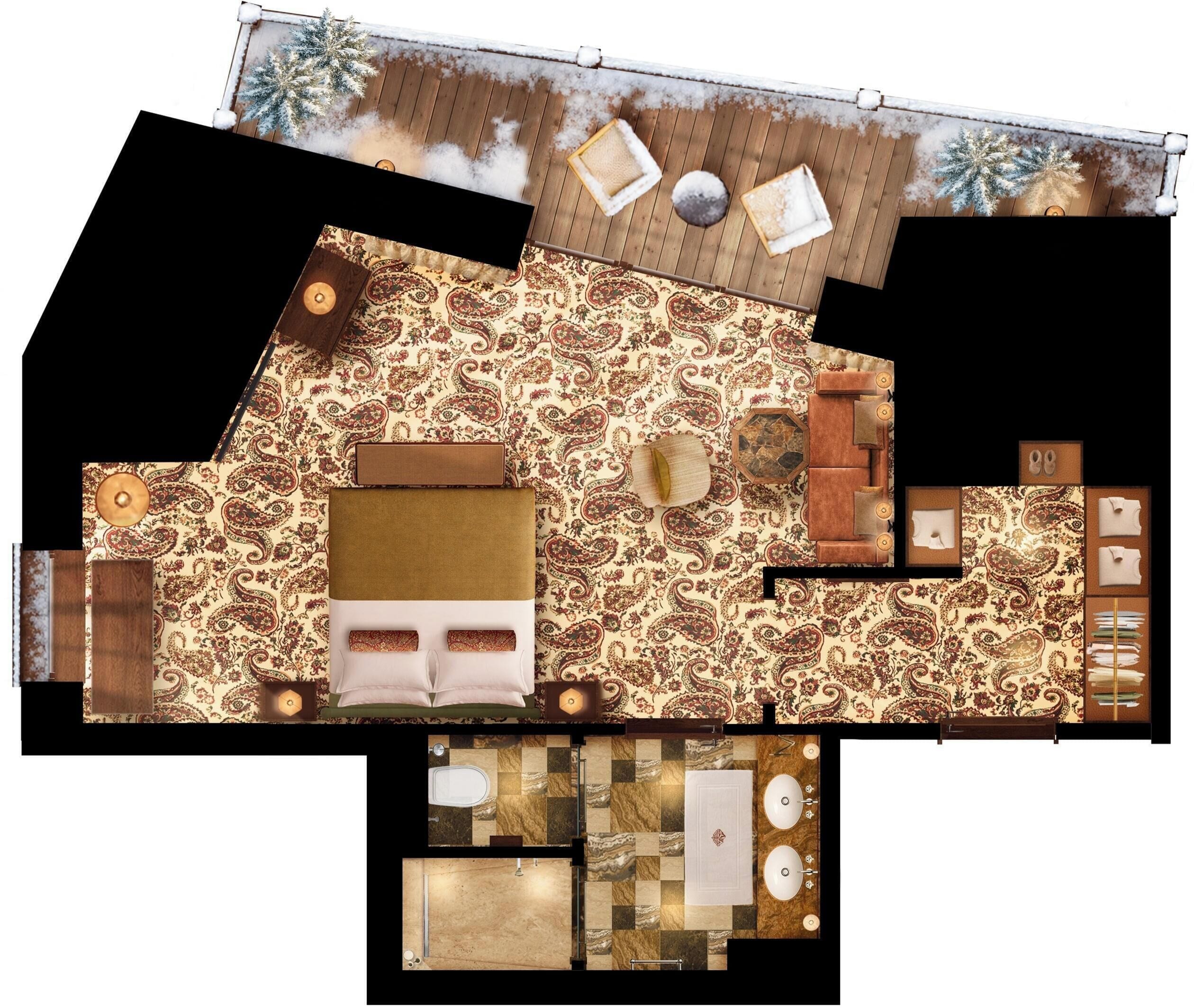 A hotel room with a wooden floor, a patterned carpet, a sofa, a small table, a chair, a bed, a bathroom with a marble floor, and a sink.