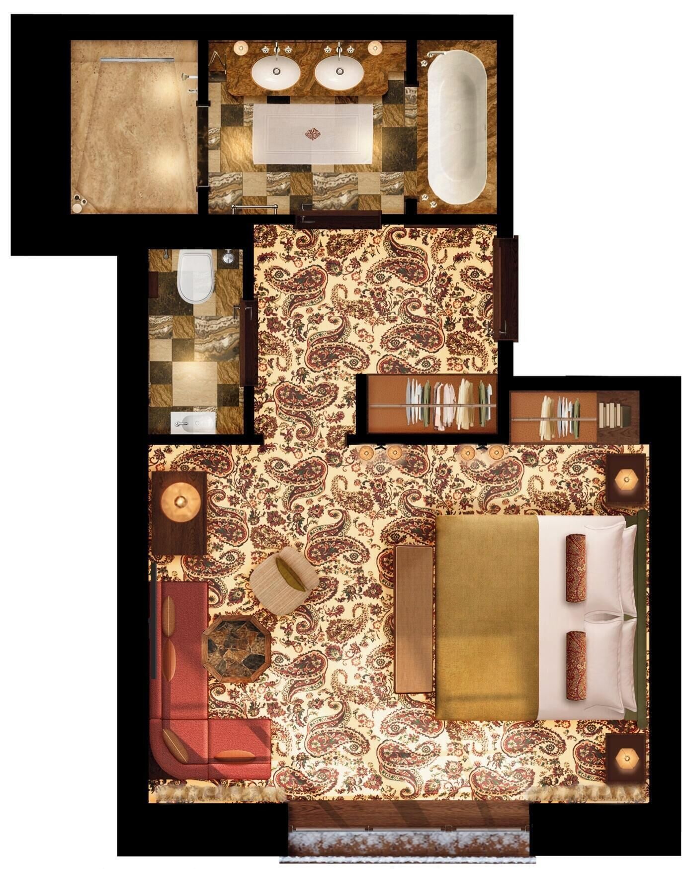 A hotel room with a bathroom, a bed, a seating area, and a small table.