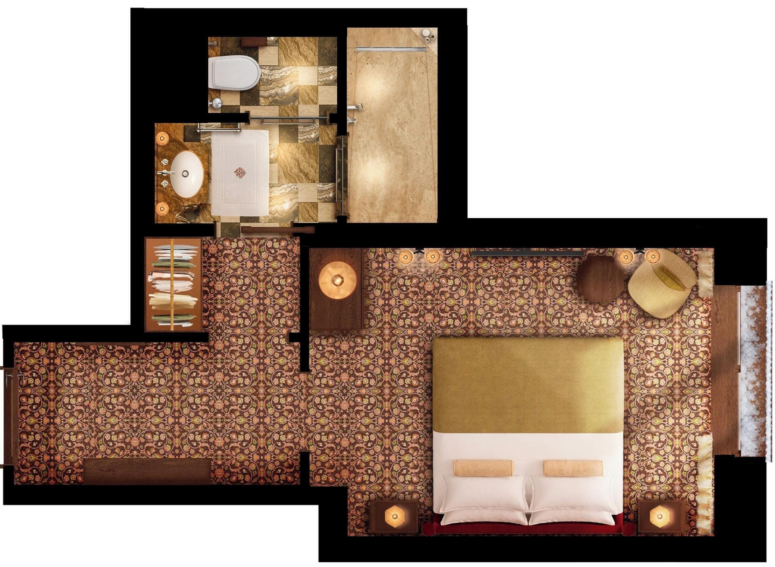 A hotel room layout with a bed, bedside tables, a bathroom, and a patterned floor.