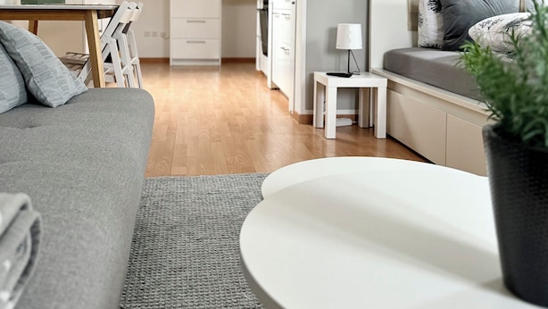 Una sala de estar moderna con un sofá gris, una mesa redonda blanca y una mesita auxiliar blanca. Un tapete gris está en el suelo y una planta en maceta sobre la mesa.