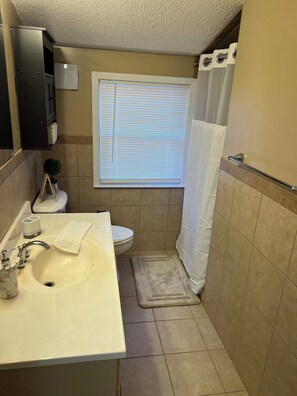 A small bathroom with a sink, toilet, and shower area. - Rocks Pond Retreat- Waterfront, Private Boat Launch, Dock (Eutawville)