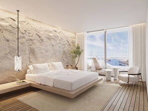 Un dormitorio moderno con cama, mesita de noche, una silla y vistas a un puerto deportivo a través de amplias ventanas.