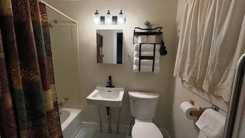 Hair dryer, towels, soap, shampoo