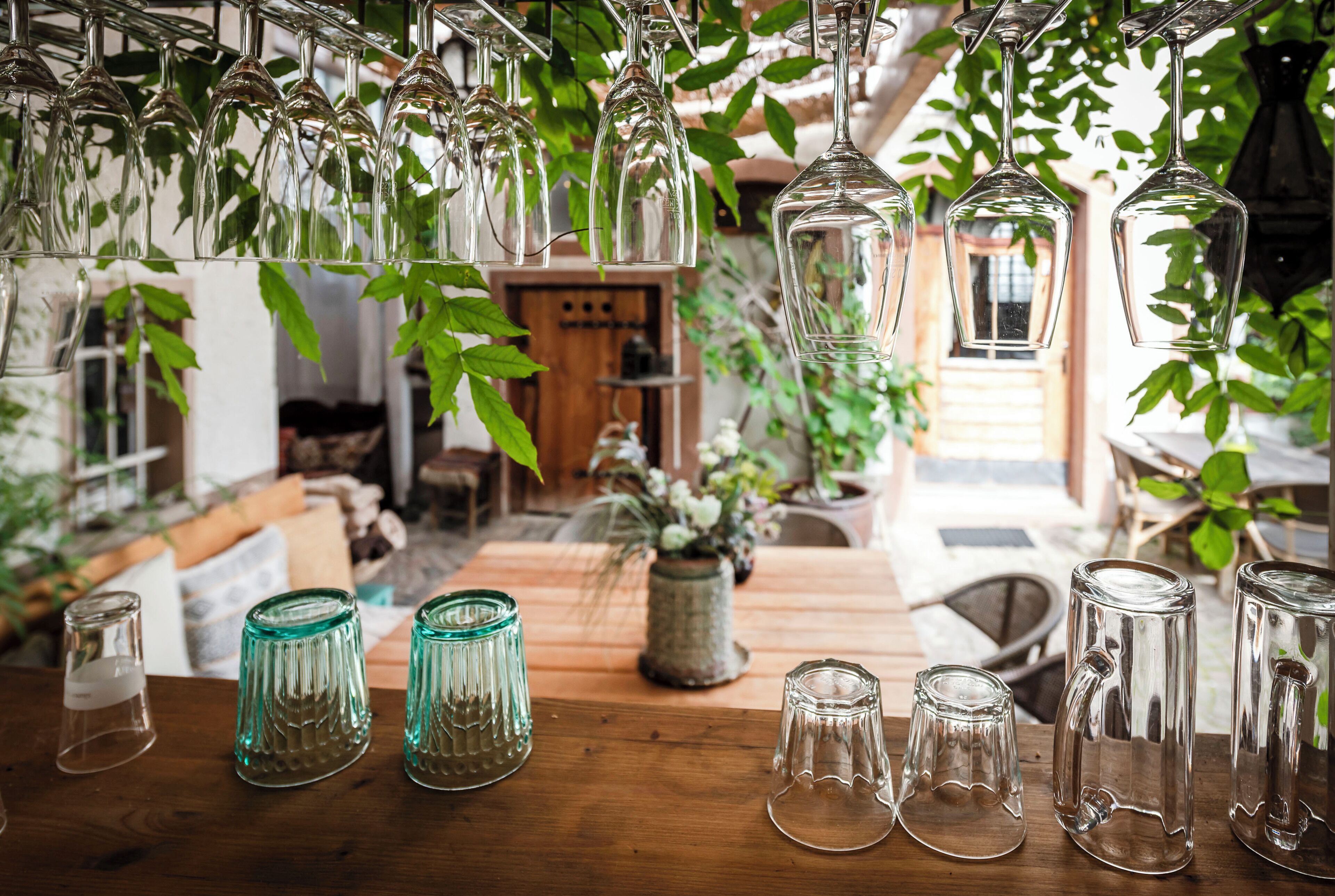 A wooden table with various glassware, including wine glasses and tumblers, in a cozy, plant-filled indoor setting.