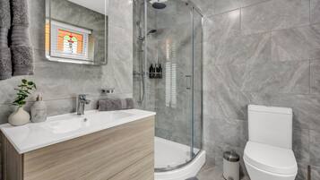 Shower, hair dryer, towels, soap