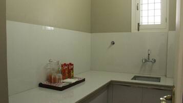 Shower, towels, soap, toilet paper