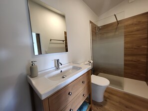 Shower, towels, toilet paper