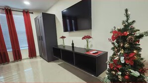 A modern living room with a flat-screen TV mounted on the wall, a black entertainment unit, and a decorated Christmas tree. - #34 Cozy in-law Port Richey Is an Entire Place (Port Richey)