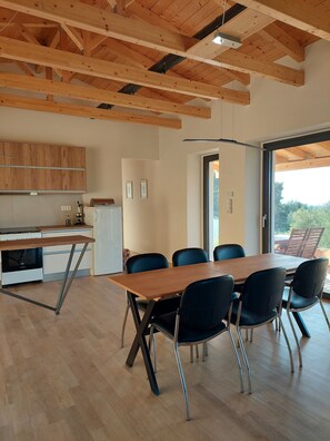 Dining - Self-sufficient straw bale house in organic olive grove, with sea view (Kato Samiko)