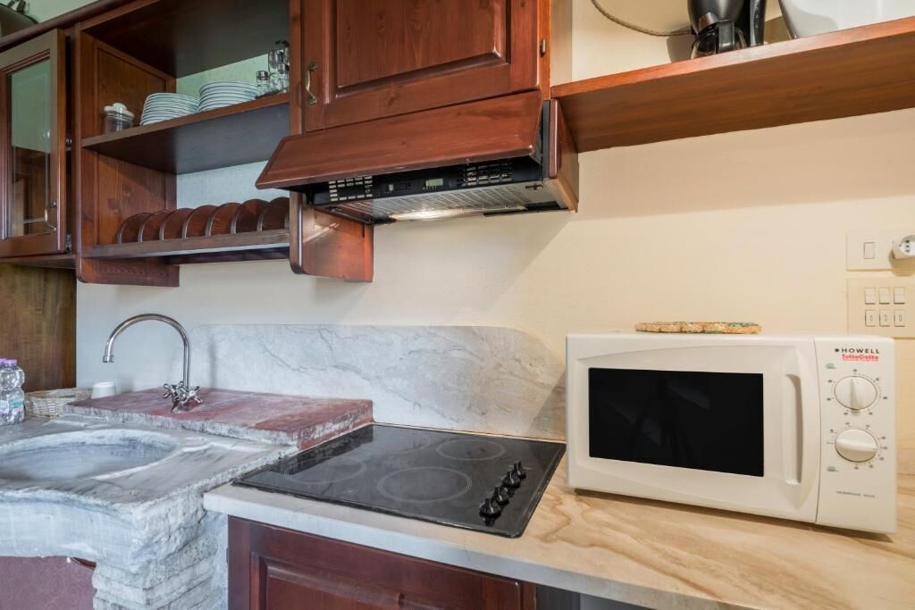 Una cocina con estufa, microondas, pileta y armarios de madera.